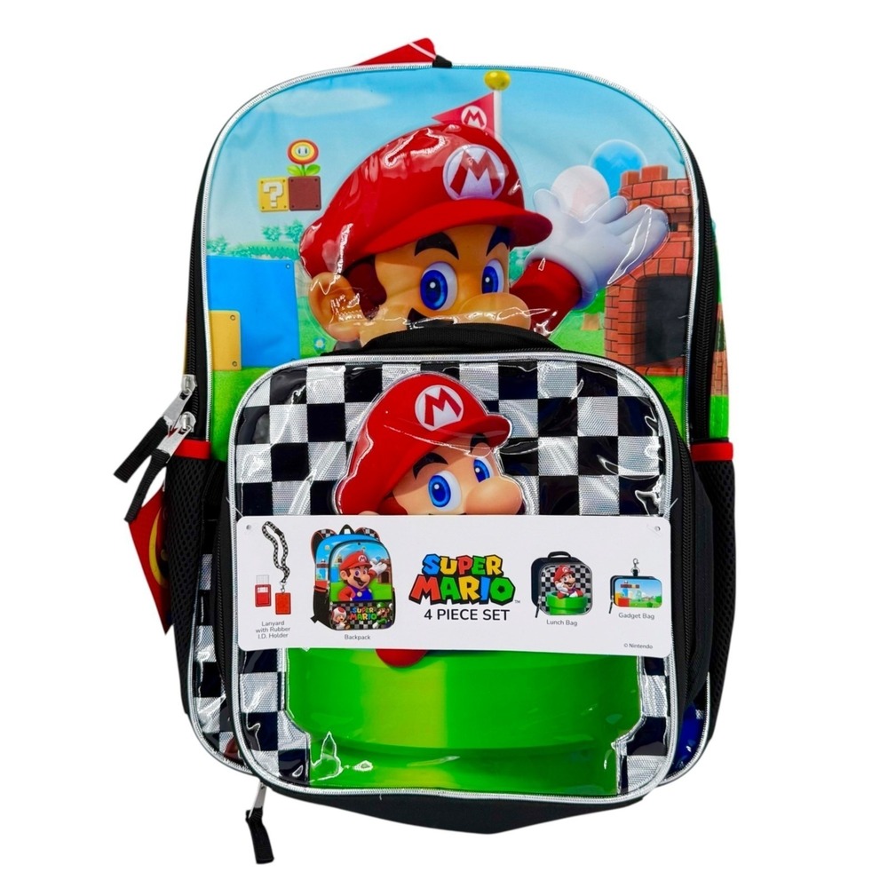 Nintendo Super Mario Kid 4 Piece School Backpack Set Lunch & Gadget Bags 17" NWT